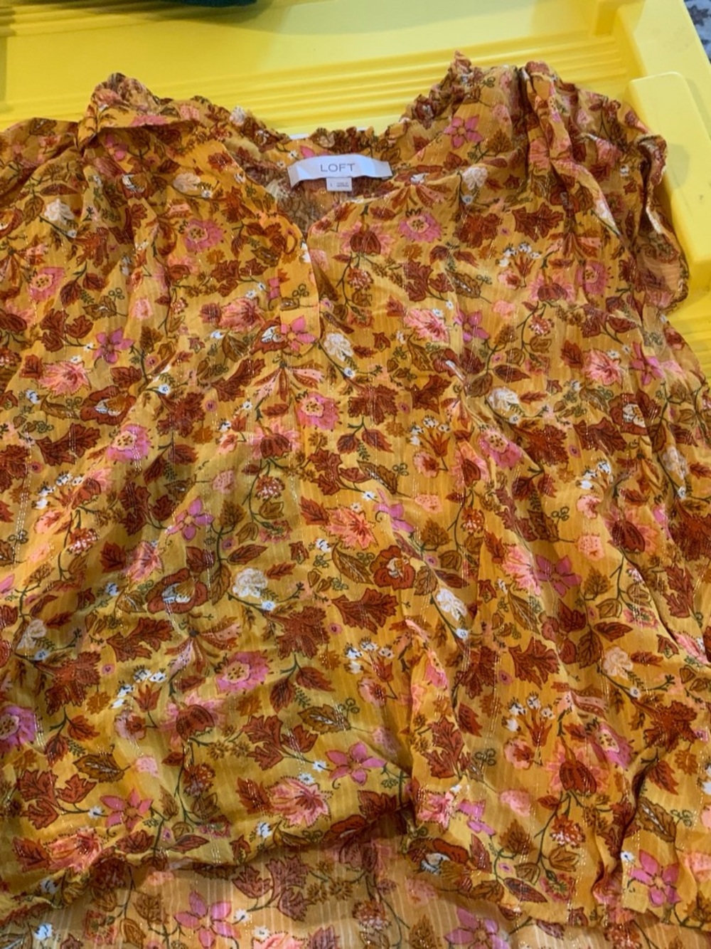LOFT Mustard Yellow Floral Ruffled Button-Front Blouse